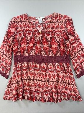 CAbi Silk Chiffon Ikat Crochet Trim Empire Waist Peasant Blouse Boho Semi-Sheer